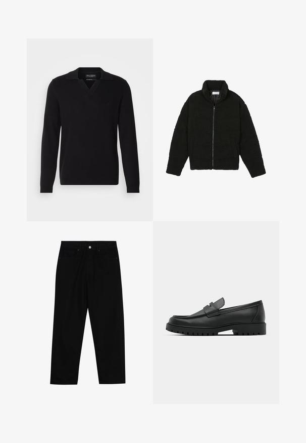 Czarna kurtka z faux futra z wysokim kołnierzem, zapięciem na zamek, elastycznymi mankietami i pikowanym wzorem. Posiada boczne kieszenie i miękką fakturę.; Czarny sweter z dzianiny z dekoltem w serek i złożonym kołnierzem. Posiada długie rękawy oraz subtelne logo na piersi. Gładka struktura.; Czarne spodnie dżinsowe w klasycznym kroju prostym, z pięcioma kieszeniami i zapięciem na guzik z przodu. Gładka tekstura z minimalnymi detalami szwy.; Czarne skórzane mokasyny z zaokrąglonym noskiem, posiadające przeszywany wzór, niską platformę oraz teksturowaną, gumową podeszwę z bieżnikiem.