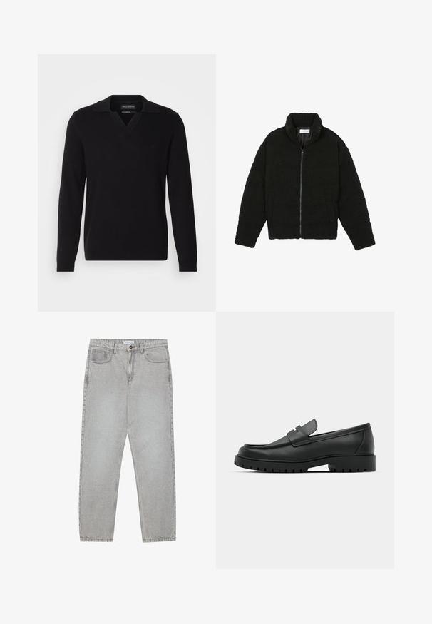 Crna jakna od umjetnog krzna s visokim ovratnikom, zatvaranjem na zip, elastičnim manžetama i kviltanim dizajnom. Sadrži bočne džepove i mekanu teksturu.; Crni pleteni pulover s V-izrezom i preklopnim ovratnikom. Ima dugačke rukave i suptilan logotip na prsima. Glatka tekstura.; Svijetlosivi traper hlače s ravnim nogavicama, stilom s pet džepova i kopčanjem na gumb. Vidljivo šivenje duž šavova.; Crne kožne mokasine s zaobljenim vrhom, s ušivenim dizajnom, niskom platformom i teksturiranim, gumenim potplatom s izbočinama.