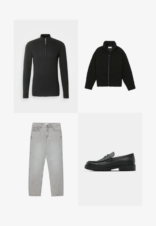 Black faux fur jacket with a high collar, zip closure, elastic cuffs, and a quilted design. Features side pockets and a soft texture.; Black knit quarter-zip pullover with long sleeves, ribbed neckline, and cuffs. Simple design with minimal texture and no patterns.; Light grey denim pants with a straight-leg design, five-pocket styling, and a button closure. Visible stitching along the seams.; Black leather loafers with a rounded toe, featuring a stitched design, low platform sole, and a textured, lugged rubber outsole.