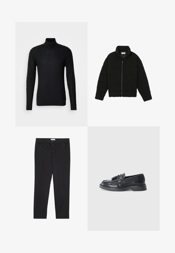 Jachetă din blană sintetică neagră, cu guler înalt, închidere cu fermoar, manșete elastice și un design matlasat. Dispune de buzunare laterale și o textură moale.; Pulover negru cu guler înalt, cu un model texturat în diamante, realizat din material tricotat, având mâneci lungi și o siluetă ajustată.; Pantaloni din bumbac negri cu o croială slim, având două buzunare laterale și închidere frontală cu buton. Material texturat cu detalii subtile.; Loafers din piele neagră, cu vârful rotund, o curea cu bentițe și o talpă groasă cu un model de profil. Textură netedă și design clasic.