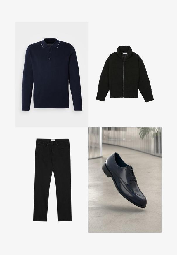 Giacca in pelliccia sintetica nera con colletto alto, chiusura con zip, polsini elasticizzati e design trapuntato. Presenta tasche laterali e una consistenza morbida.; Polo shirt a maniche lunghe blu navy con tessuto testurizzato, colletto chiaro a contrasto, patta con tre bottoni e vestibilità rilassata.; Jeans neri a gamba dritta con design a cinque tasche, chiusura con bottone e zip, e etichetta del marchio Pier One sulla cintura.; Scarpa da cerimonia in pelle nera lucida con lacci, sospesa sopra un pavimento grigio chiaro e con barre metalliche verticali sullo sfondo.