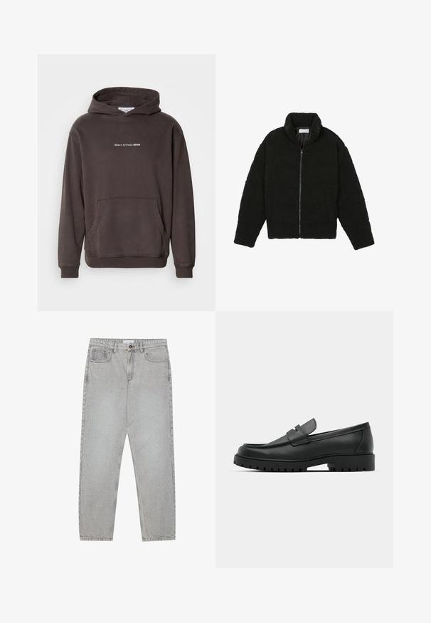 Schwarze Kunstpelzjacke mit hohem Kragen, Reißverschluss, elastischen Bündchen und gestepptem Design. Verfügt über seitliche Taschen und eine weiche Textur.; Brauner Kapuzenpullover mit Fronttasche, gerippten Bündchen und Saum. Mit dem weißen Logo-Text "Marc O'Polo DENIM" auf der Brust. Aus weichem Material.; Helle graue Jeanshose mit gerade geschnittenem Design, Fünf-Taschen-Stil und Knopfverschluss. Sichtbare Nähte entlang der Seitennähte.; Schwarze Lederloafer mit runder Zehenform, ausgestattet mit einem gesteppten Design, niedrigem Plattformsohle und einer strukturierten, genoppten Gummisohle.
