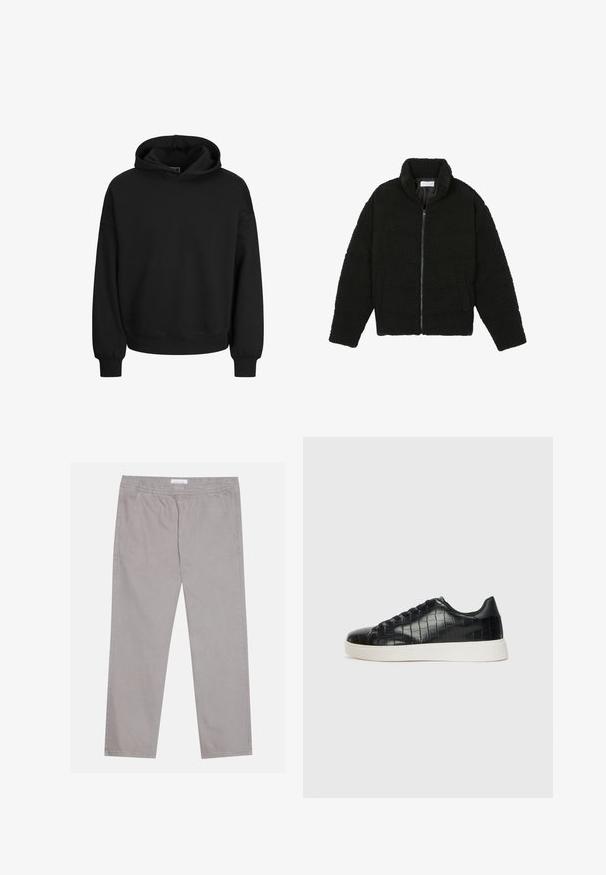 Must must karusnahast jakk kõrge kraega, lukuga sulgemine, elastsed varrukad ja tikandmuster. Omab küljetaskuid ja pehmet tekstuuri.; Must must, mis pehmeast kangast, ekstriga kapuutsiga, pikad varrukad, ribatud mansetid ja alläär. Lihtne disain ilma mustriteta.; Heledad hallid puuvillased püksid, millel on elastne vöökoht, kaks külgtaskut, sirge jala disain ja sile tekstuur. Lihtne õmbluse detail.; Mustad mustad mustad kroko-reljeefiga nahast ülemine osa, ümar varvas ja kontrastne valge kummitald, millel on sile viimistlus.