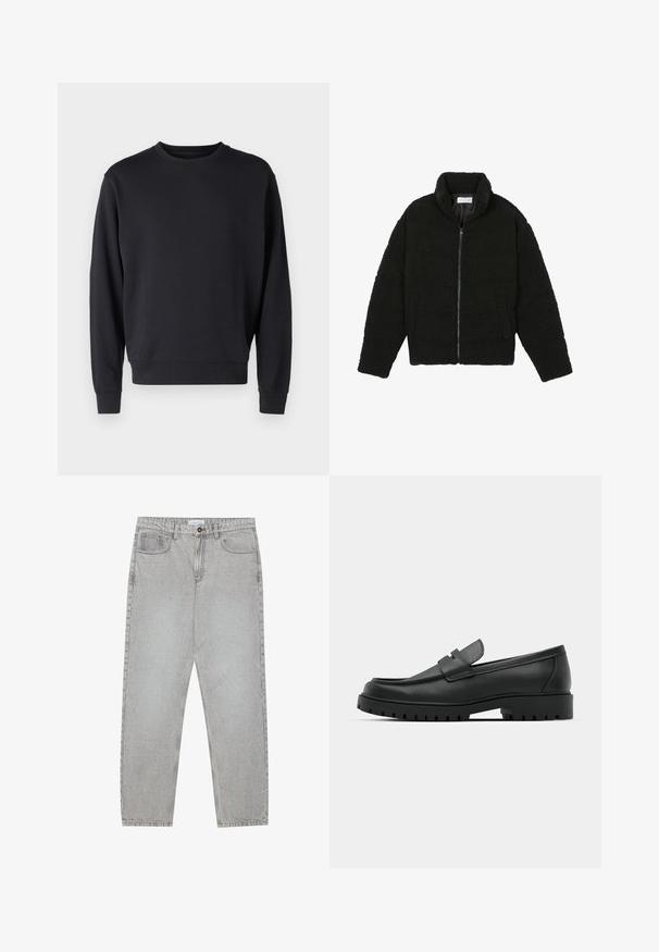 Must must karusnahast jakk kõrge kraega, lukuga sulgemine, elastsed varrukad ja tikandmuster. Omab küljetaskuid ja pehmet tekstuuri.; Must mustelaste segu, ümmarguse kaeluse, pikkade käiste ja soonikkoeservadega must pusake. Sile tekstuur, minimalistlik disain.; Heledad hallide denimpüksid otse säärekujundusega, viie-taskulise stiliseerimise ja nupukinnitusega. Nähtav õmblus kõrvuti.; Mustad musta nahast loafers, millel on ümar varvas, tikandiga disain, madal platvorm-soon ja tekstureeritud, soonikkummist välistald.