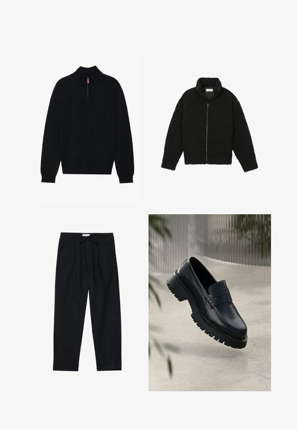 Čierna umelá kožušinová bunda s vysokým golierom, zipsom, elastickými manžetami a prešívaným dizajnom. Má bočné vrecká a jemnú textúru.; Čierny sveter s vysokým golierom a polovičným zipsom, vyrobený z mäkkej, štruktúrovanej látky. Obsahuje rebrované manžety a spodný lem.; Pier One Nohavice chinos - black; Čierne kožené loafery s robustnou podrážkou, s dekoratívnym pásikom a prešívaním. Hladký povrch s lesklým finišom.