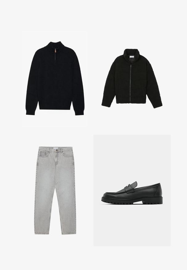 Veste en fausse fourrure noire avec un col haut, fermeture éclair, poignets élastiques et un design matelassé. Elle possède des poches latérales et une texture douce.; Pull noir à col haut et fermeture éclair demi-zippée, fabriqué à partir d'un tissu doux et texturé. Présente des poignets et un ourlet côtelés.; Pantalon en denim gris clair avec une coupe droite, cinq poches et une fermeture à bouton. Coutures visibles le long des coutures.; Mocassins en cuir noir à bout arrondi, avec un design cousu, une semelle plateforme basse et une semelle en caoutchouc texturée et crantée.