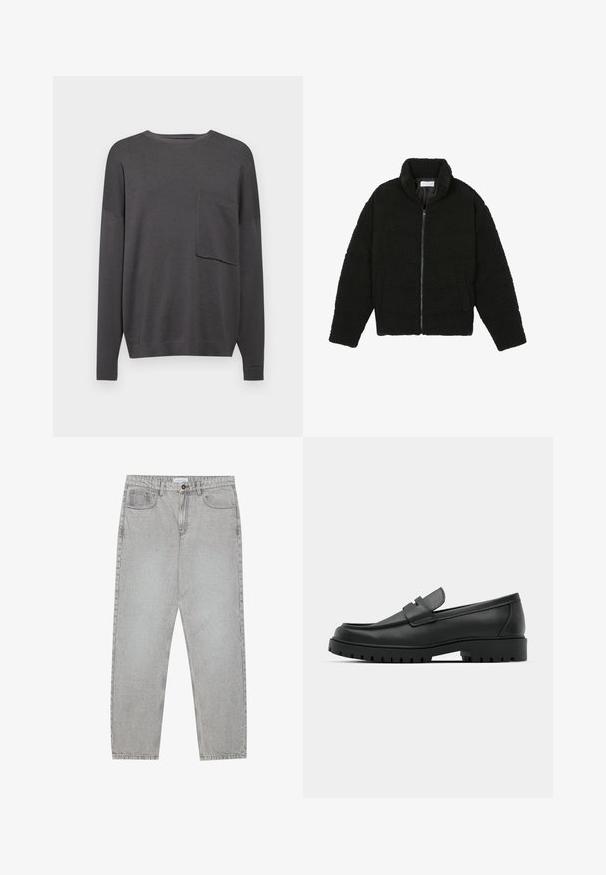 Veste en fausse fourrure noire avec un col haut, fermeture éclair, poignets élastiques et un design matelassé. Elle possède des poches latérales et une texture douce.; Pull en tricot gris charbon à manches longues avec un col rond et une seule poche poitrine. Texture douce avec une coupe décontractée et des poignets côtelés.; Pantalon en denim gris clair avec une coupe droite, cinq poches et une fermeture à bouton. Coutures visibles le long des coutures.; Mocassins en cuir noir à bout arrondi, avec un design cousu, une semelle plateforme basse et une semelle en caoutchouc texturée et crantée.