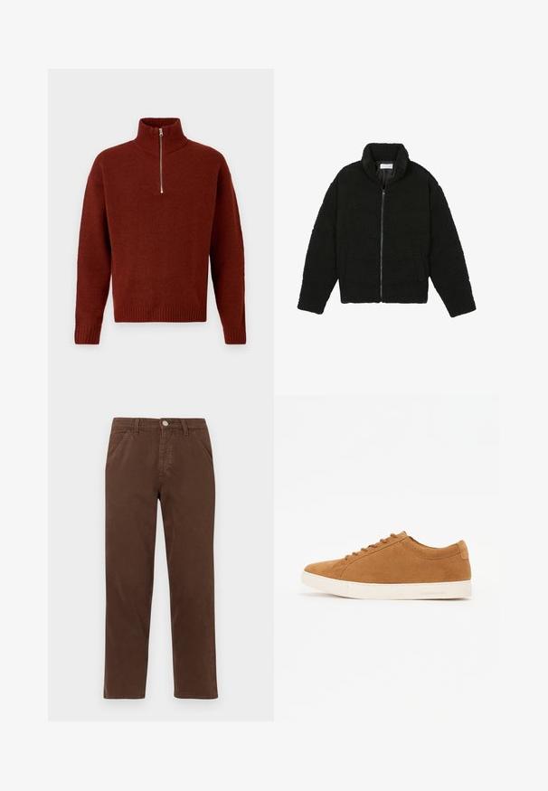 Chaqueta de pelaje sintético negro con cuello alto, cierre de cremallera, puños elásticos y un diseño acolchado. Cuenta con bolsillos laterales y una textura suave.; Jack & Jones JOROLLIE HALF ZIP - Jersey de punto - dark brown; Pantalones de algodón marrón con pierna recta, bolsillos frontales y cierre de botón metálico. Presenta una textura suave y un diseño minimalista.; Zapatillas de gamuza marrón con un diseño de caña baja, suela de goma blanca y punta redonda. Presentan cordones a juego y un logotipo mínimo en el talón.