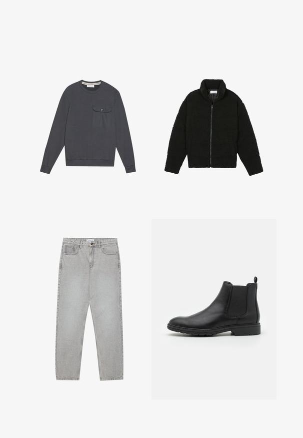 Fekete műszőrme dzseki magas gallérral, cipzáros záródással, rugalmas mandzsettákkal és steppelt mintázattal. Oldalsó zsebekkel rendelkezik, és puha tapintású.; Szürke, pamut keverékből készült pulóver, kerek nyakkivágással, hosszú ujjal, elülső mellzseb gombbal, bordázott mandzsettával és alsó szegéllyel.; Világosszürke farmernadrág egyenes szabással, öt zsebes stílusban, gombos záródással. Látható varrások az illesztéseknél.; Fekete bőr Chelsea csizma, elasztikus oldalpanellel és húzófüllel, lekerekített orral és texturált gumitalppal.