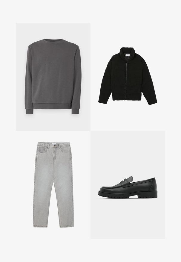 Black faux fur jacket with a high collar, zip closure, elastic cuffs, and a quilted design. Features side pockets and a soft texture.; Gray sweatshirt made of soft material, featuring a round neckline, long sleeves, ribbed cuffs, and a straight hem for a relaxed fit.; Light grey denim pants with a straight-leg design, five-pocket styling, and a button closure. Visible stitching along the seams.; Black leather loafers with a rounded toe, featuring a stitched design, low platform sole, and a textured, lugged rubber outsole.