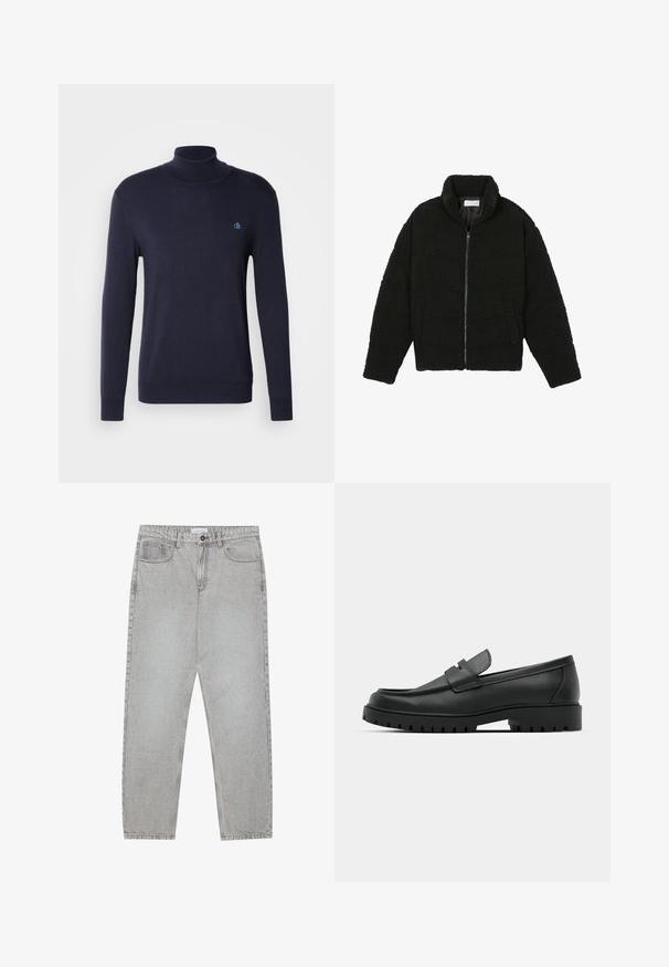 Schwarze Kunstpelzjacke mit hohem Kragen, Reißverschluss, elastischen Bündchen und gestepptem Design. Verfügt über seitliche Taschen und eine weiche Textur.; Scotch & Soda TURTLENECK SWEATER - Strickpullover - night; Helle graue Jeanshose mit gerade geschnittenem Design, Fünf-Taschen-Stil und Knopfverschluss. Sichtbare Nähte entlang der Seitennähte.; Schwarze Lederloafer mit runder Zehenform, ausgestattet mit einem gesteppten Design, niedrigem Plattformsohle und einer strukturierten, genoppten Gummisohle.