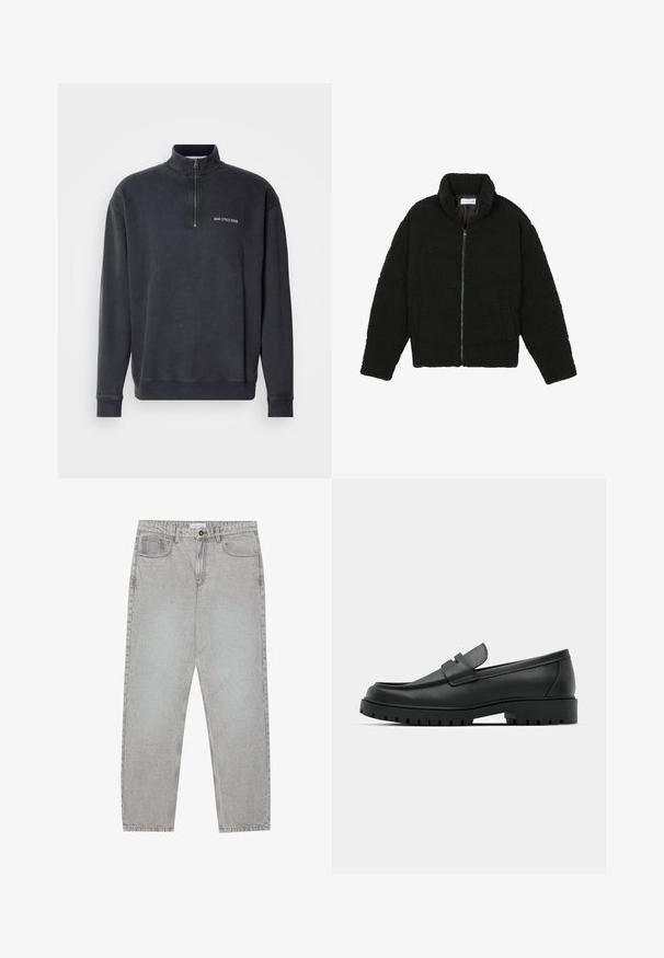 Giacca in pelliccia sintetica nera con colletto alto, chiusura con zip, polsini elasticizzati e design trapuntato. Presenta tasche laterali e una consistenza morbida.; Pullover a mezza zip in cotone misto grigio scuro. Presenta colletto e polsini a coste, con un piccolo logo bianco sul petto. Texture liscia.; Pantaloni in denim grigio chiaro con design a gamba dritta, stile a cinque tasche e chiusura con bottone. Cuciture visibili lungo le cuciture.; Mocassini in pelle nera con punta rotonda, caratterizzati da un design cucito, suola piatta bassa e un battistrada in gomma testurizzata e scolpita.