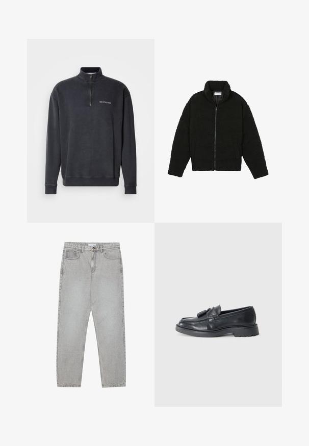 Crna jakna od umjetnog krzna s visokim ovratnikom, zatvaranjem na zip, elastičnim manžetama i kviltanim dizajnom. Sadrži bočne džepove i mekanu teksturu.; Pulič s četvrtastim zipom u tamnosivoj mješavini pamuka. Ima rebrasti ovratnik i manžete, s malim bijelim logotipom na prsima. Glatka tekstura.; Svijetlosivi traper hlače s ravnim nogavicama, stilom s pet džepova i kopčanjem na gumb. Vidljivo šivenje duž šavova.; Crne kožne loferice s okruglim vrhom, trakicom s resicama i masivnim potplatom s uzorkom. Glatka tekstura i klasični dizajn.