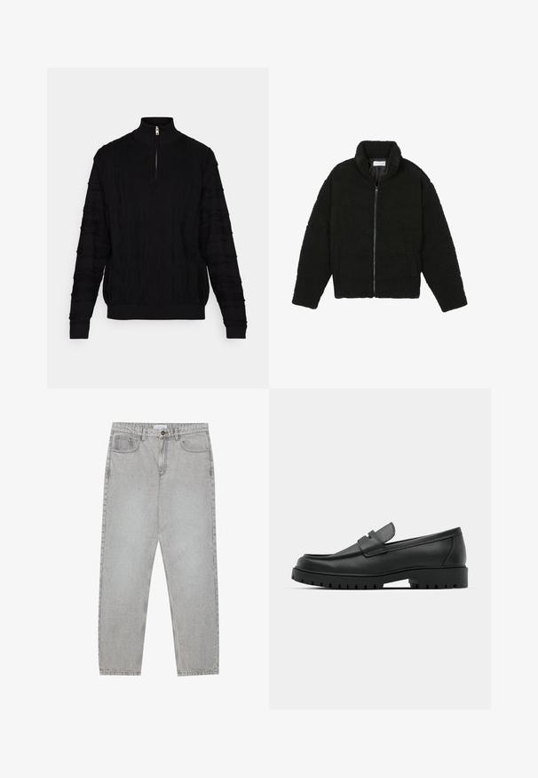 Crna jakna od umjetnog krzna s visokim ovratnikom, zatvaranjem na zip, elastičnim manžetama i kviltanim dizajnom. Sadrži bočne džepove i mekanu teksturu.; Crni pulover s visokim ovratnikom i kratkim patentnim zatvaračem, koji se ističe teksturiranim pletenim uzorkom i rebrastim manžetama i rubom.; Svijetlosivi traper hlače s ravnim nogavicama, stilom s pet džepova i kopčanjem na gumb. Vidljivo šivenje duž šavova.; Crne kožne mokasine s zaobljenim vrhom, s ušivenim dizajnom, niskom platformom i teksturiranim, gumenim potplatom s izbočinama.