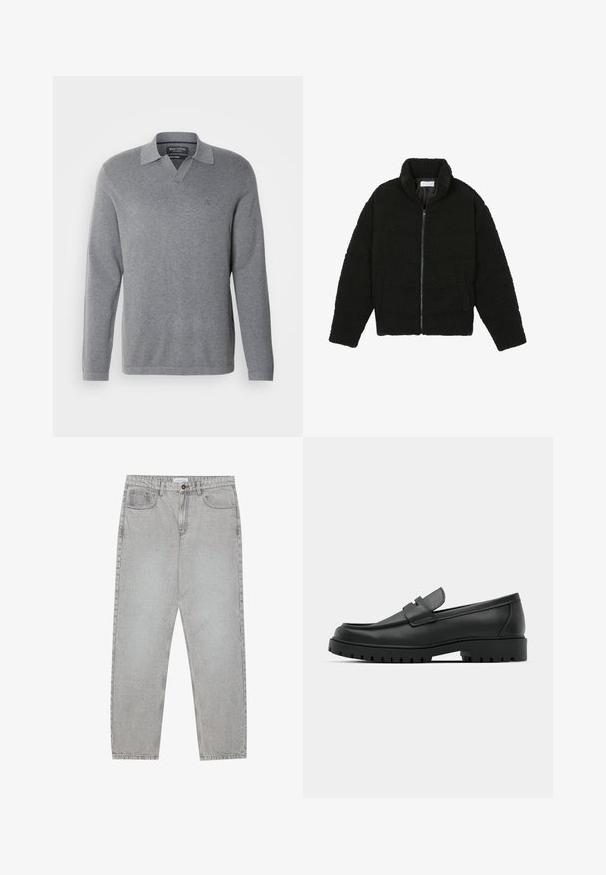 Schwarze Kunstpelzjacke mit hohem Kragen, Reißverschluss, elastischen Bündchen und gestepptem Design. Verfügt über seitliche Taschen und eine weiche Textur.; Graues Langarm-Polohemd aus weichem Stoff. Verfügt über einen V-Ausschnitt mit einem kragenähnlichen Design und ein kleines gesticktes Logo auf der Brust.; Helle graue Jeanshose mit gerade geschnittenem Design, Fünf-Taschen-Stil und Knopfverschluss. Sichtbare Nähte entlang der Seitennähte.; Schwarze Lederloafer mit runder Zehenform, ausgestattet mit einem gesteppten Design, niedrigem Plattformsohle und einer strukturierten, genoppten Gummisohle.