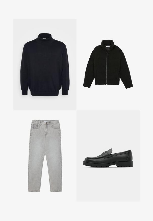 Must must karusnahast jakk kõrge kraega, lukuga sulgemine, elastsed varrukad ja tikandmuster. Omab küljetaskuid ja pehmet tekstuuri.; Mustmustik turtleneck-sweater pikkade varrukatega, rööpaidest kaelus ja mansetid, millel on vabalt langev lõige ja sile tekstuur. Mõeldud igapäevaseks kandmiseks.; Heledad hallide denimpüksid otse säärekujundusega, viie-taskulise stiliseerimise ja nupukinnitusega. Nähtav õmblus kõrvuti.; Mustad musta nahast loafers, millel on ümar varvas, tikandiga disain, madal platvorm-soon ja tekstureeritud, soonikkummist välistald.