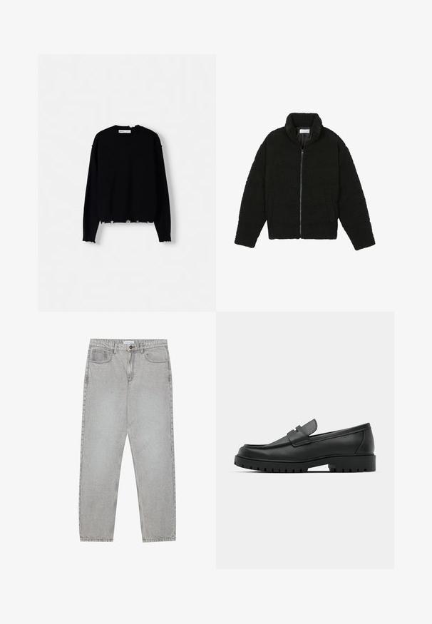 Sort faux fur jakke med høj krave, lynlås lukning, elastiske ærmer og et quiltet design. Har sidelommer og en blød tekstur.; Sort strikket sweater med rund hals, lange ærmer og frynset kant. Har ribbede manchetter og en afslappet fit.; Lysegrå denimbukser med lige ben, fem lommer og knaplukning. Synlig syning langs sømmene.; Sorte læder loafers med rund tå, der har et syet design, lav platformssål og en struktureret, skridsikker gummisål.