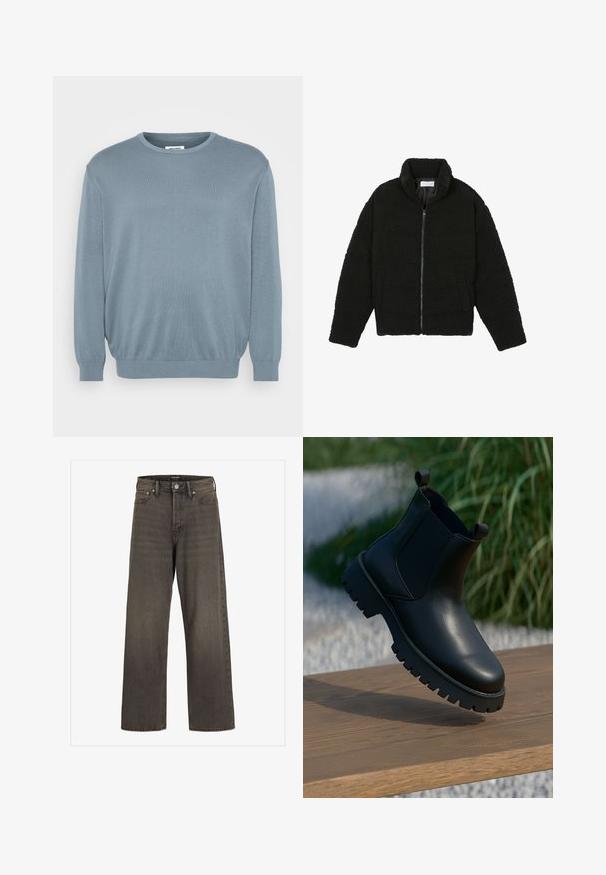 Chaqueta de pelaje sintético negro con cuello alto, cierre de cremallera, puños elásticos y un diseño acolchado. Cuenta con bolsillos laterales y una textura suave.; Suéter azul claro hecho de tela de punto, con escote redondo y puños y dobladillo acanalados. Diseño simple con una textura suave.; Jeans de pierna ancha en denim gris oscuro, con una cintura alta, diseño clásico de cinco bolsillos y costuras en contraste a lo largo de las costuras.; Botas de tobillo de cuero negro con paneles laterales elásticos, punta redonda y suela de taco grueso, exhibidas sobre una superficie de madera.