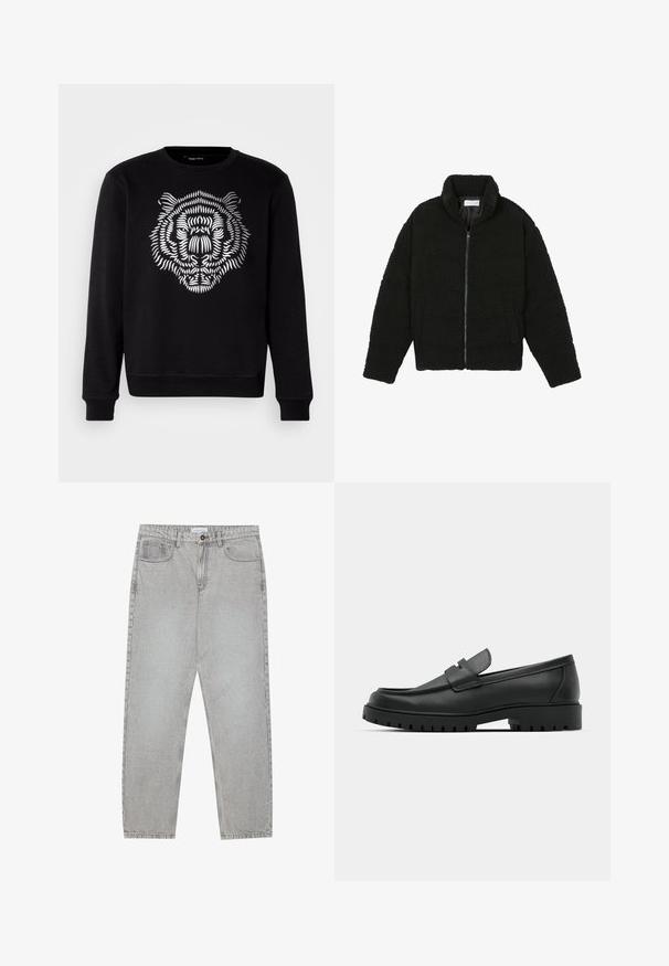 Chaqueta de pelaje sintético negro con cuello alto, cierre de cremallera, puños elásticos y un diseño acolchado. Cuenta con bolsillos laterales y una textura suave.; Sudadera negra con un gráfico detallado de un tigre blanco en la parte frontal. El diseño incluye líneas audaces y una apariencia texturizada.; Pantalones de mezclilla gris claro con un diseño de pierna recta, estilo de cinco bolsillos y cierre de botón. Costuras visibles a lo largo de las costuras.; Mocasines de cuero negro con punta redonda, que cuentan con un diseño cosido, suela de plataforma baja y una suela de goma texturada y con tacos.
