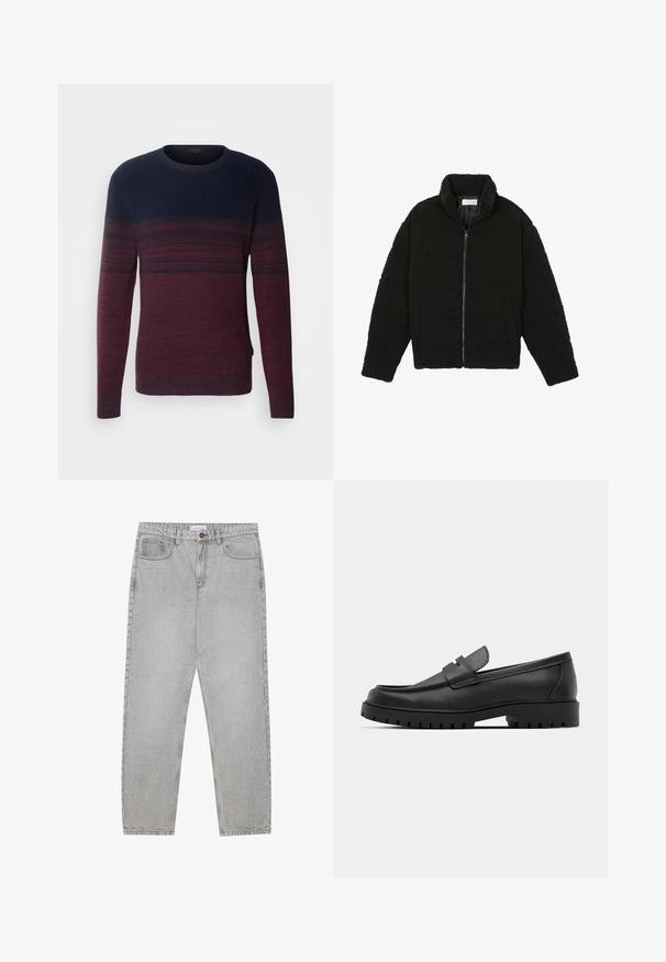 Fekete műszőrme dzseki magas gallérral, cipzáros záródással, rugalmas mandzsettákkal és steppelt mintázattal. Oldalsó zsebekkel rendelkezik, és puha tapintású.; INDICODE JEANS Pulóver - russet; Világosszürke farmernadrág egyenes szabással, öt zsebes stílusban, gombos záródással. Látható varrások az illesztéseknél.; Fekete bőr loafer cipők kerek orral, varrott mintázattal, alacsony platformtalpú és texturált, barázdált gumitalppal.