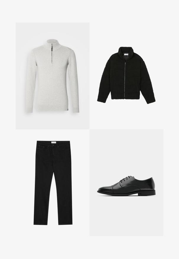 Black faux fur jacket with a high collar, zip closure, elastic cuffs, and a quilted design. Features side pockets and a soft texture.; Light grey zip-up sweater made of soft fabric, featuring a stand-up collar and long sleeves with ribbed cuffs and hem.; Black straight-leg jeans with five-pocket design, button and zip fly closure, and a Pier One brand label on the waistband.; Black leather dress shoe with a rounded toe, lace-up design, subtle stitching details, and a low heel. Smooth texture with polished finish.