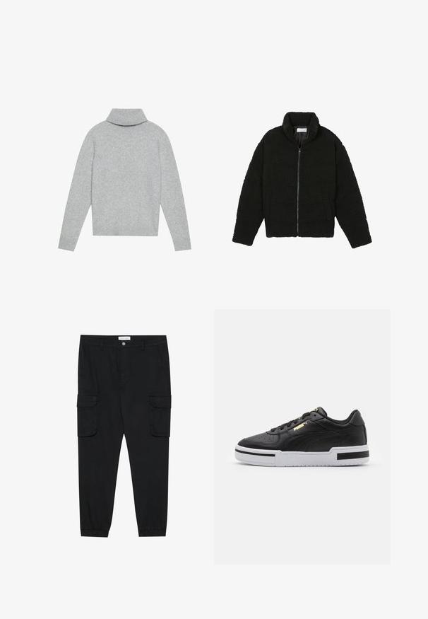 Must must karusnahast jakk kõrge kraega, lukuga sulgemine, elastsed varrukad ja tikandmuster. Omab küljetaskuid ja pehmet tekstuuri.; Helehall turtleneck sviiter ribidega kaela- ja randmeosadega, valmistatud pehmest kudumisest. Omab vabalt voolavat lõiget ja ühtlast värvi.; Mustad mustad püksid sirgete jalgadega, elastsete mansettidega ning mitme küljetaskuga. Töödeldud tekstiilist, millel on nööbiga sulgemine.; Must have nahkast jooksujalats valge vaheosaga, perforatsiooni kohal, kuldse logosilmbiga, pehmendusega kaelaosas ning kontrastsete mustade aktsentidega külgedel.