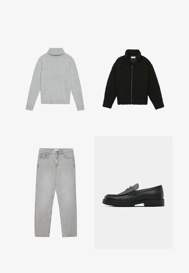 Black faux fur jacket with a high collar, zip closure, elastic cuffs, and a quilted design. Features side pockets and a soft texture.; Light gray turtleneck sweater with ribbed collar and cuffs, crafted from soft knit material. Features a relaxed fit and solid color.; Light grey denim pants with a straight-leg design, five-pocket styling, and a button closure. Visible stitching along the seams.; Black leather loafers with a rounded toe, featuring a stitched design, low platform sole, and a textured, lugged rubber outsole.