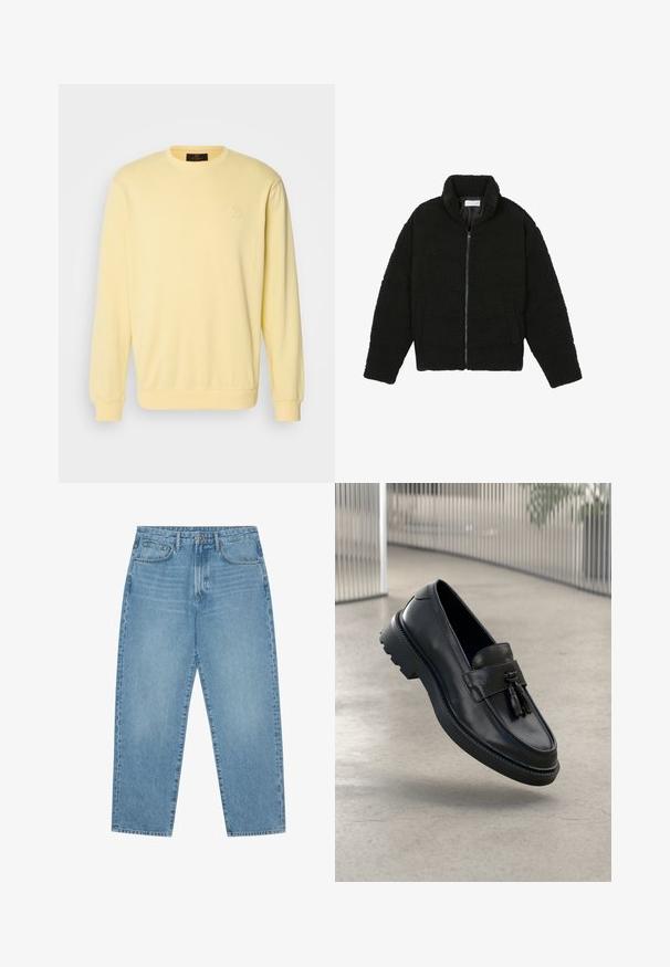 Black faux fur jacket with a high collar, zip closure, elastic cuffs, and a quilted design. Features side pockets and a soft texture.; Yellow sweatshirt with long sleeves, crew neck, and a subtle embossed logo on the chest. Soft fabric with a smooth texture.; Light blue denim wide-leg jeans with a high waist, featuring five pockets, belt loops, and a soft, slightly faded texture.; Black leather loafers with a smooth finish, decorative tassel, thick rubber sole, and stitched accents. Lightweight and sleek design.