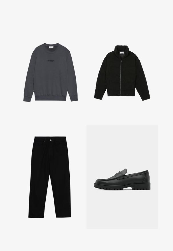 Černá umělá kožešinová bunda s vysokým límcem, zipovým uzávěrem, elastickými manžetami a prošívaným designem. Obsahuje postranní kapsy a jemnou texturu.; Pier One Mikina - dark grey; Černé džíny s rovně střiženými nohavicemi, designem pěti kapes a předním zapínáním na knoflík. Hladký povrch s minimem švových detailů.; Černé kožené mokasíny s kulatou špičkou, zdobené prošitím, s nízkou platformou a texturovanou gumovou podrážkou s drážkováním.