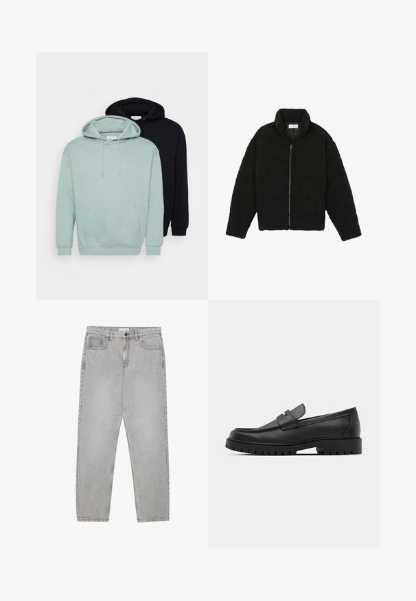 Chaqueta de pelaje sintético negro con cuello alto, cierre de cremallera, puños elásticos y un diseño acolchado. Cuenta con bolsillos laterales y una textura suave.; Conjunto de dos sudaderas: una verde menta claro y una negra. Ambas cuentan con cordones ajustables, un bolsillo en la parte frontal y puños y dobladillo acanalados.; Pantalones de mezclilla gris claro con un diseño de pierna recta, estilo de cinco bolsillos y cierre de botón. Costuras visibles a lo largo de las costuras.; Mocasines de cuero negro con punta redonda, que cuentan con un diseño cosido, suela de plataforma baja y una suela de goma texturada y con tacos.