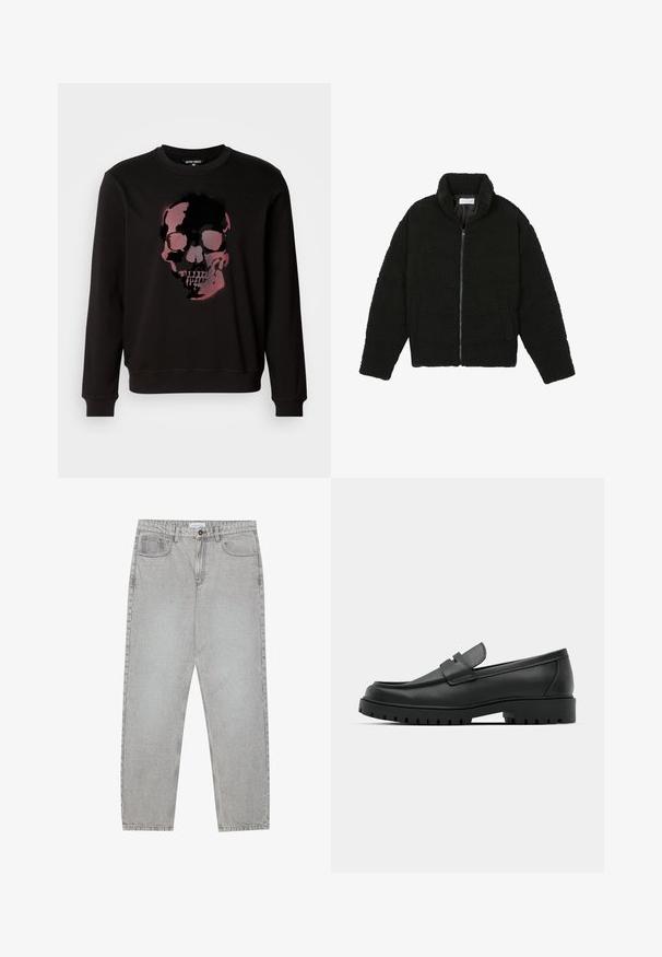 Giacca in pelliccia sintetica nera con colletto alto, chiusura con zip, polsini elasticizzati e design trapuntato. Presenta tasche laterali e una consistenza morbida.; Felpa nera con una grafica centrale che raffigura un teschio in tonalità di rosa e nero, con collo a giro e polsini a costine.; Pantaloni in denim grigio chiaro con design a gamba dritta, stile a cinque tasche e chiusura con bottone. Cuciture visibili lungo le cuciture.; Mocassini in pelle nera con punta rotonda, caratterizzati da un design cucito, suola piatta bassa e un battistrada in gomma testurizzata e scolpita.