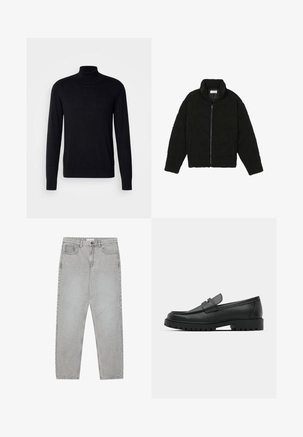 Svart fuskepelsjakke med høy krage, glidelås, elastiske mansjetter og quiltet design. Har sidelommer og en myk tekstur.; Svart turtle-neck genser laget av myk stoff. Har lange ermer, ribbestrikket krage og mansjetter, med en jevn tekstur og uten mønstre.; Lys grå denimbukser med rett ben-design, fem lommer og knappelukking. Synlig søm langs sømmene.; Sorte lærloafere med rund tå, med en syddesign, lav plattformsåle og en teksturert, ruggede gummisåle.