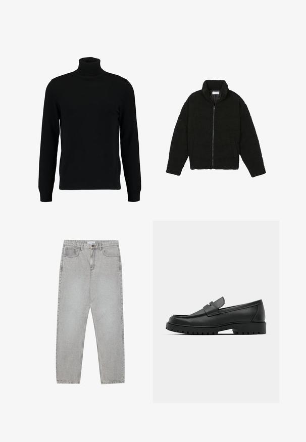 Jachetă din blană sintetică neagră, cu guler înalt, închidere cu fermoar, manșete elastice și un design matlasat. Dispune de buzunare laterale și o textură moale.; Pulover negru cu gât înalt, confecționat dintr-un material tricotat moale. Dispune de mâneci lungi, guler și tiv cu model în cremă. Design simplu, elegant, fără modele.; Pantaloni din denim gri deschis cu un design cu picioare drepte, stil cu cinci buzunare și închidere cu nasture. Cusături vizibile de-a lungul cusăturilor.; Mocasini din piele neagră cu vârful rotunjit, având un design cusut, talpă joasă și o talpă din cauciuc texturat, cu crampoane.