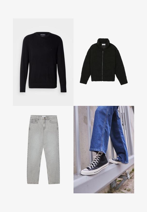 Schwarze Kunstpelzjacke mit hohem Kragen, Reißverschluss, elastischen Bündchen und gestepptem Design. Verfügt über seitliche Taschen und eine weiche Textur.; Schwarzer Strickpullover mit Rundhalsausschnitt, langen Ärmeln und gerippten Bündchen. Mit dezentem Logo auf der Brust. Weiche Stofftextur.; Helle graue Jeanshose mit gerade geschnittenem Design, Fünf-Taschen-Stil und Knopfverschluss. Sichtbare Nähte entlang der Seitennähte.; Schwarze High-Top-Sneaker mit weißer Sohle und Schnürsenkeln, kombiniert mit lockeren blauen Jeans, die auf einem grauen Geländer ruhen.