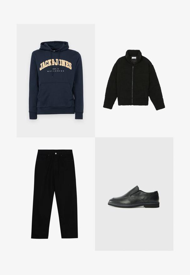 Svart faux fur-jacka med hög krage, dragkedjestängning, elastiska manschetter och ett kviltat mönster. Har sidofickor och en mjuk textur.; Mörkblå hoodie med en framtill liggande ficka, snörhuva och vit logotext "JACK & JONES" i gult som sträcker sig över bröstet.; Svarta denimbyxor med rak passform, femficksdesign och framknäppning. Slät textur med minimala sömdetaljer.; Svart lädersko i slip-on-modell med en slät ovandel, sömnadsdetaljer, rund tå och låg gummihäl. Sulan har minimal mönstring.