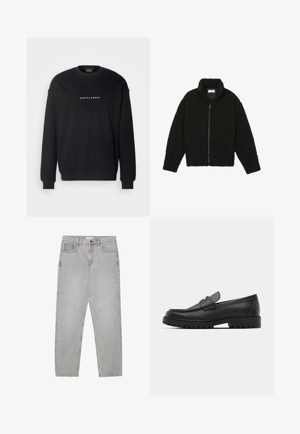 Svart fuskepelsjakke med høy krage, glidelås, elastiske mansjetter og quiltet design. Har sidelommer og en myk tekstur.; Scotch & Soda CORE LOGO FRONT CHEST - Sweatshirt - black; Lys grå denimbukser med rett ben-design, fem lommer og knappelukking. Synlig søm langs sømmene.; Sorte lærloafere med rund tå, med en syddesign, lav plattformsåle og en teksturert, ruggede gummisåle.