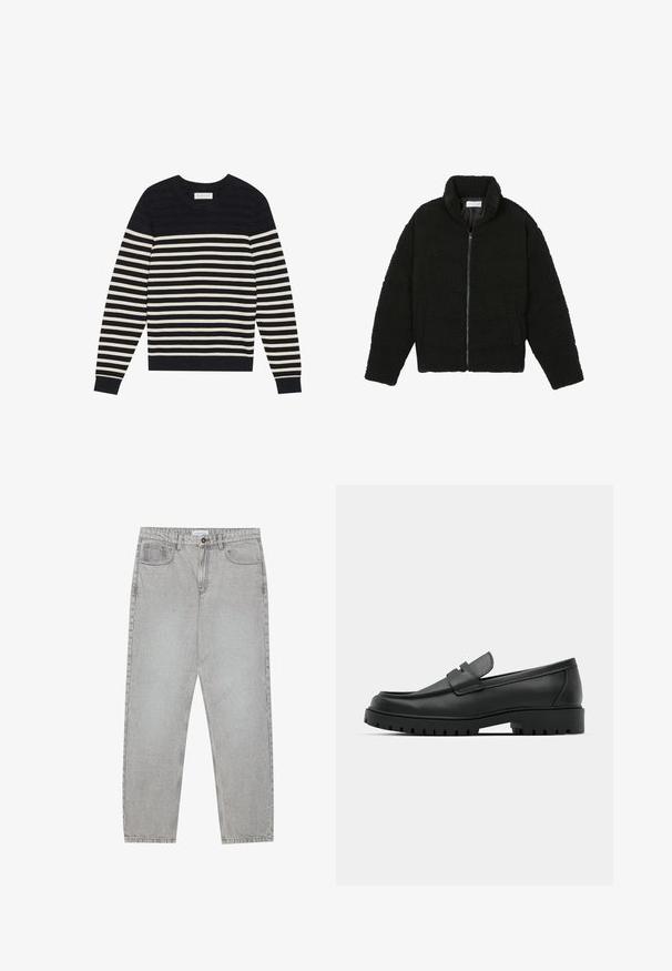 Schwarze Kunstpelzjacke mit hohem Kragen, Reißverschluss, elastischen Bündchen und gestepptem Design. Verfügt über seitliche Taschen und eine weiche Textur.; Gestreifter Strickpullover in Marineblau und Beige mit Rundhalsausschnitt, langen Ärmeln sowie gerippten Bündchen und Saum. Glatte Textur mit horizontalen Streifen.; Helle graue Jeanshose mit gerade geschnittenem Design, Fünf-Taschen-Stil und Knopfverschluss. Sichtbare Nähte entlang der Seitennähte.; Schwarze Lederloafer mit runder Zehenform, ausgestattet mit einem gesteppten Design, niedrigem Plattformsohle und einer strukturierten, genoppten Gummisohle.