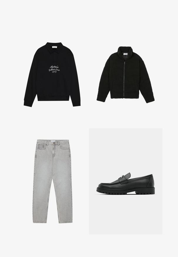 Čierna umelá kožušinová bunda s vysokým golierom, zipsom, elastickými manžetami a prešívaným dizajnom. Má bočné vrecká a jemnú textúru.; Čierny pulóver so šitým golierom, s bielou výšivkou, na ktorej je napísané "Marais Gallerie Deux 1973" naprieč hrudníkom.; Svetlošedé denimové nohavice s rovným strihom, piatimi vreckami a zapínaním na gombík. Viditeľné švy pozdĺž švov.; Čierne kožené mokasíny s okrúhlou špičkou, s prešitým dizajnom, nízkou platformou a textúrovanou, zúbkovanou gumovou podrážkou.