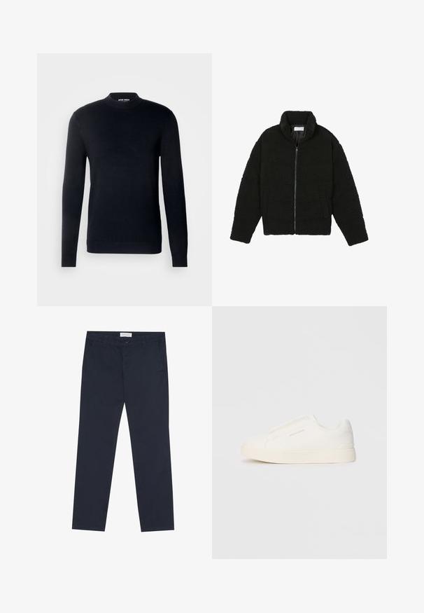 Fekete műszőrme dzseki magas gallérral, cipzáros záródással, rugalmas mandzsettákkal és steppelt mintázattal. Oldalsó zsebekkel rendelkezik, és puha tapintású.; Fekete kötött pulóver hosszú ujjal, kerek nyakkivágással és bordázott aljjal. Sima textúra, látható minták vagy díszek nélkül.; Sötétkék vászon nadrág, amely pamutból készült, sima tapintású, cipzáras záródással, övhurkokkal és oldalsó zsebekkel a praktikum érdekében.; Fehér slip-on sportcipők texturált felülettel, vastag talppal és minimalista dizájnnal. Az oldalon a márka logója található.