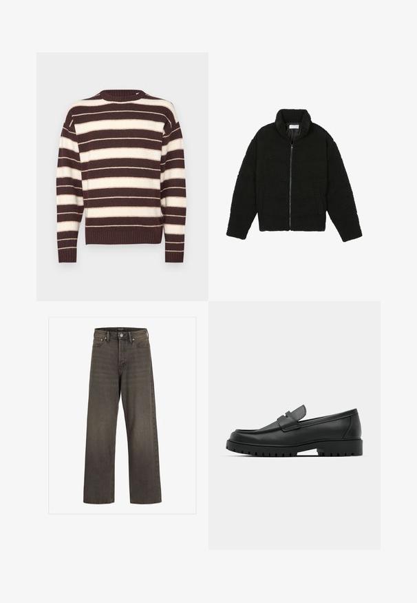 Black faux fur jacket with a high collar, zip closure, elastic cuffs, and a quilted design. Features side pockets and a soft texture.; Brown and cream striped knit sweater with a crew neckline and ribbed cuffs. Soft texture; relaxed fit.; Wide-leg jeans in dark grey denim, featuring a high waist, classic five-pocket design, and contrasting stitching along the seams.; Black leather loafers with a rounded toe, featuring a stitched design, low platform sole, and a textured, lugged rubber outsole.