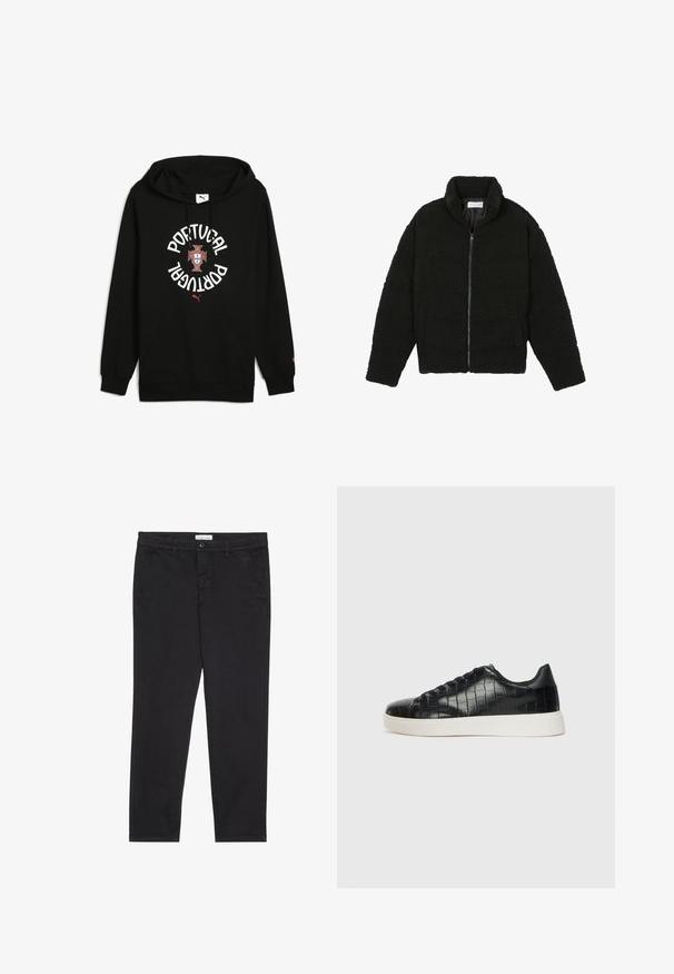 Černá umělá kožešinová bunda s vysokým límcem, zipovým uzávěrem, elastickými manžetami a prošívaným designem. Obsahuje postranní kapsy a jemnou texturu.; Černá mikina s kapucí a stahovací šňůrkou, má bílé písmo "PORTUGAL", centrální státní znak a červené detaily. Obsahuje přední kapsu a pružné manžety.; Černé bavlněné kalhoty s úzkým střihem, které mají dvě boční kapsy a přední zapínání na knoflík. Texturovaná tkanina s jemnými detaily.; Černé tenisky s texturovaným vrškem z kůže s embosovaným hadím vzorem, kulatou špičkou a kontrastní bílou gumovou podrážkou s hladkým povrchem.