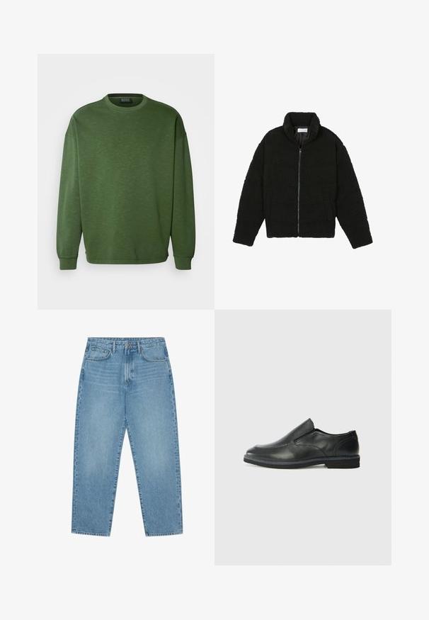 Black faux fur jacket with a high collar, zip closure, elastic cuffs, and a quilted design. Features side pockets and a soft texture.; Green sweatshirt with a round neckline, loose fit, and long sleeves. Made from a textured fabric with ribbed cuffs and hem.; Light blue denim wide-leg jeans with a high waist, featuring five pockets, belt loops, and a soft, slightly faded texture.; Black leather slip-on shoe with a smooth upper, stitched accents, rounded toe, and a low rubber heel. Sole features minimal tread.