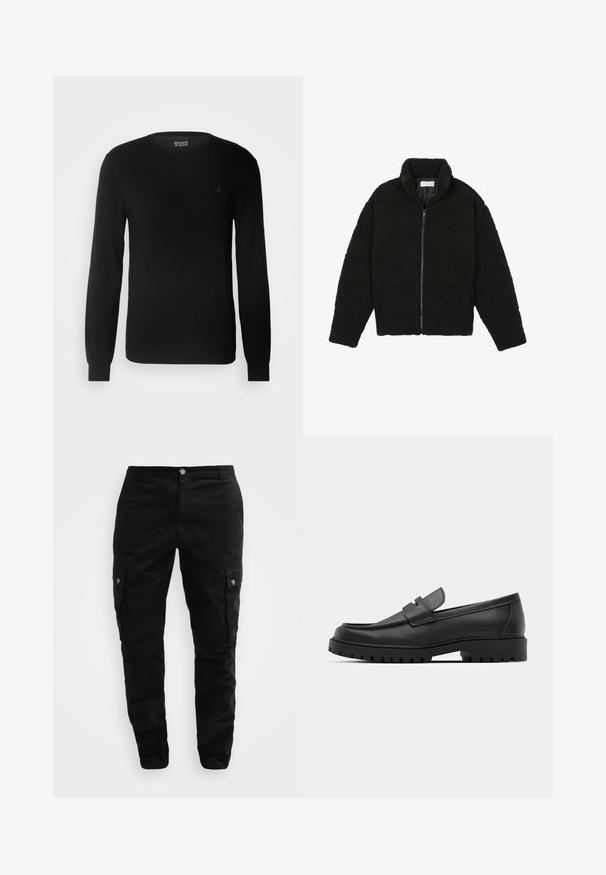 Czarna kurtka z faux futra z wysokim kołnierzem, zapięciem na zamek, elastycznymi mankietami i pikowanym wzorem. Posiada boczne kieszenie i miękką fakturę.; Czarny dzianinowy sweter z okrągłym dekoltem, długimi rękawami i małym haftowanym logo na piersi. Miękka tekstura i dopasowany fason.; Czarne spodnie cargo wykonane z trwałego materiału, z bocznymi kieszeniami, zapięciem na guzik oraz slim fit. Gładka tekstura z minimalnymi detalami.; Czarne skórzane mokasyny z zaokrąglonym noskiem, posiadające przeszywany wzór, niską platformę oraz teksturowaną, gumową podeszwę z bieżnikiem.