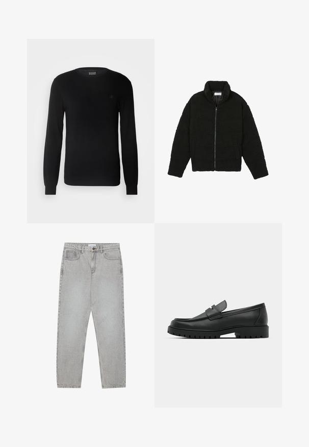 Svart faux fur-jacka med hög krage, dragkedjestängning, elastiska manschetter och ett kviltat mönster. Har sidofickor och en mjuk textur.; Svart stickad tröja med rund halsringning, långa ärmar och en liten broderad logotyp på bröstet. Mjuk textur och figursydd design.; Ljusgrå denimbyxor med rak benform, femficksdesign och knappstängning. Synliga sömmar längs sömmarna.; Svarta lädersneakers med rund tå, med en sydd design, låg plattformssula och en texturerad, mönstrad gummisula.