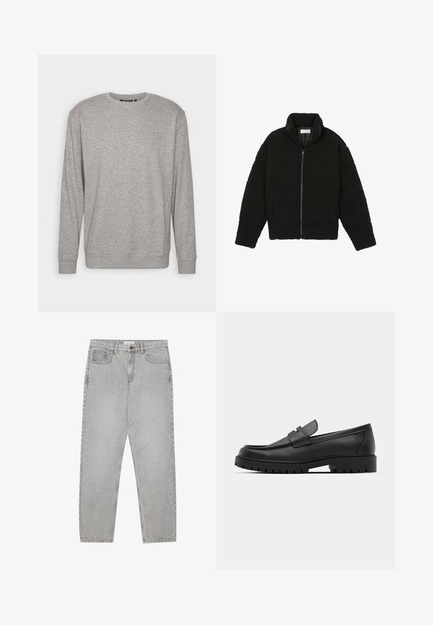 Crna jakna od umjetnog krzna s visokim ovratnikom, zatvaranjem na zip, elastičnim manžetama i kviltanim dizajnom. Sadrži bočne džepove i mekanu teksturu.; Svijetlosiva dukserica dugih rukava, s okruglim izrezom, rebrastim manžetama i donjim rubom. Ima suptilni logo na gornjem lijevom dijelu prsnog koša.; Svijetlosivi traper hlače s ravnim nogavicama, stilom s pet džepova i kopčanjem na gumb. Vidljivo šivenje duž šavova.; Crne kožne mokasine s zaobljenim vrhom, s ušivenim dizajnom, niskom platformom i teksturiranim, gumenim potplatom s izbočinama.