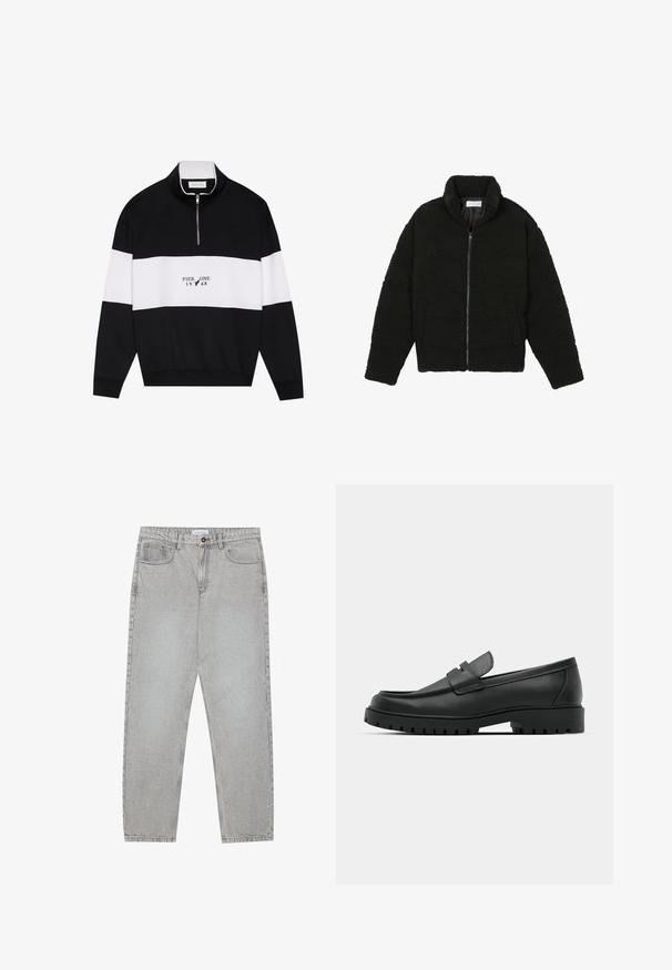 Casaco de pelo sintético preto com gola alta, fecho de zip, punhos elásticos e um design acolchoado. Apresenta bolsos laterais e uma textura suave.; Pier One Camisola - jet black; Calças de ganga cinza claro com um design de perna reta, estilo de cinco bolsos e fecho com botão. Costura visível ao longo das costuras.; Sapatilhas de couro preto com bico arredondado, apresentando um design cosido, sola de plataforma baixa e um solado de borracha texturizado e com cravos.