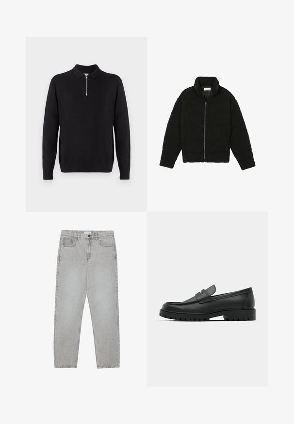 Schwarze Kunstpelzjacke mit hohem Kragen, Reißverschluss, elastischen Bündchen und gestepptem Design. Verfügt über seitliche Taschen und eine weiche Textur.; Schwarzer Pullover mit einem Reißverschlusskragen, langen Ärmeln, gerippten Bündchen und Saum, aus einem weichen, glatten Stoff hergestellt.; Helle graue Jeanshose mit gerade geschnittenem Design, Fünf-Taschen-Stil und Knopfverschluss. Sichtbare Nähte entlang der Seitennähte.; Schwarze Lederloafer mit runder Zehenform, ausgestattet mit einem gesteppten Design, niedrigem Plattformsohle und einer strukturierten, genoppten Gummisohle.