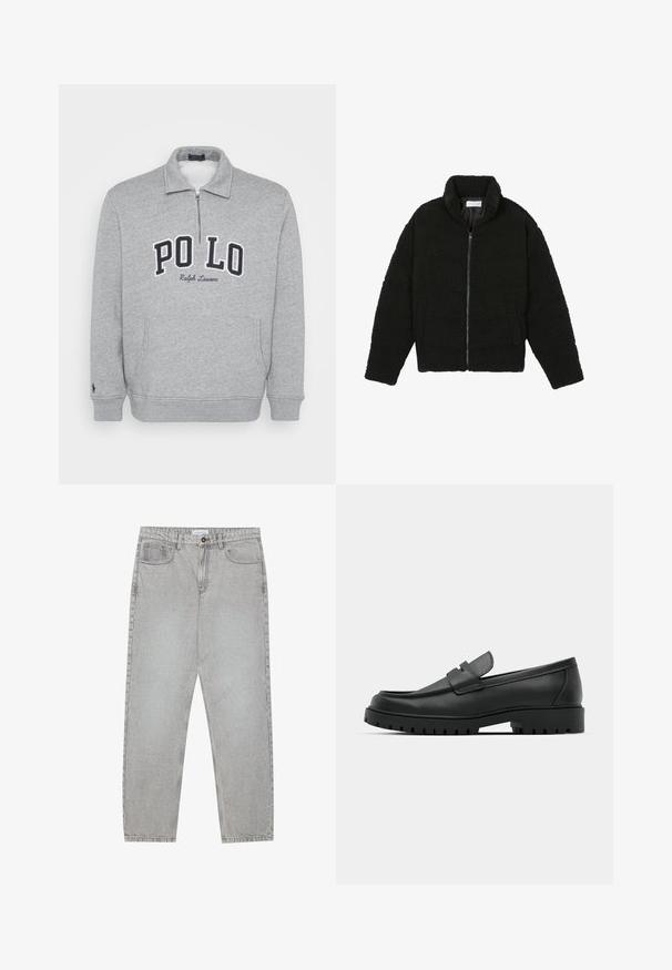 Melnā mākslīgā kažokādas jaka ar augstu apkakli, ar rāvējslēdzēju, elastīgām piedurknēm un kvadrātveida šuvēm. Iespējotas sānu kabatas un mīksta tekstūra.; Pelēks krekls ar rāvējslēdzēju, augstu apkakli un jūras zila izšūta "PO LO" uzraksta priekšpusi. Iespējamās sānu kabatas un ribotas piedurknes.; Gai pelēko džinsu bikses ar taisnajām kājām, piecu kabatu stilu un pogu aizdari. Redzama šuvju apstrāde gar šuvēm.; Melnas ādas loafers ar noapaļotu purngalu, ar izšūtu dizainu, zemu platformas zoli un teksturētu, rievotu gumijas ārējo zoli.