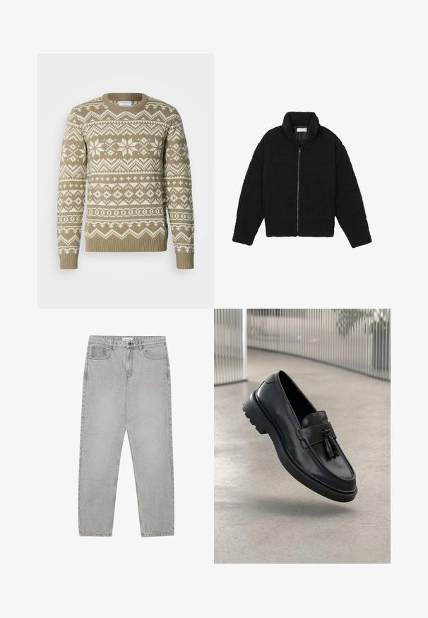 Black faux fur jacket with a high collar, zip closure, elastic cuffs, and a quilted design. Features side pockets and a soft texture.; Knit sweater in sandy beige with white geometric and floral patterns. Features a round neck and ribbed cuffs and hem.; Light grey denim pants with a straight-leg design, five-pocket styling, and a button closure. Visible stitching along the seams.; Black leather loafers with a smooth finish, decorative tassel, thick rubber sole, and stitched accents. Lightweight and sleek design.