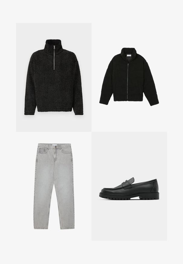 Svart fuskepelsjakke med høy krage, glidelås, elastiske mansjetter og quiltet design. Har sidelommer og en myk tekstur.; Svart fleecegenser med høy krage og glidelås foran i kvart lengde. Har myk, teksturert stoff og lange ermer.; Lys grå denimbukser med rett ben-design, fem lommer og knappelukking. Synlig søm langs sømmene.; Sorte lærloafere med rund tå, med en syddesign, lav plattformsåle og en teksturert, ruggede gummisåle.